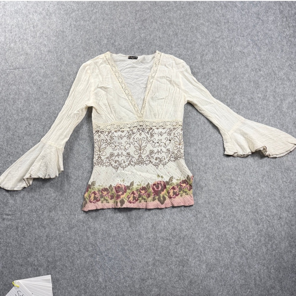 FANG Women Blouse Small Ivory Boho Bell Sleeve Floral Lace V-Neck Y2K Fairycore